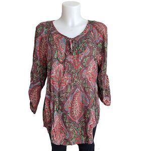 LAUREN RALPH LAUREN LONGSLEEVE PAISLEY BLOUSE BOHO ruched‎ sleeves sz medium